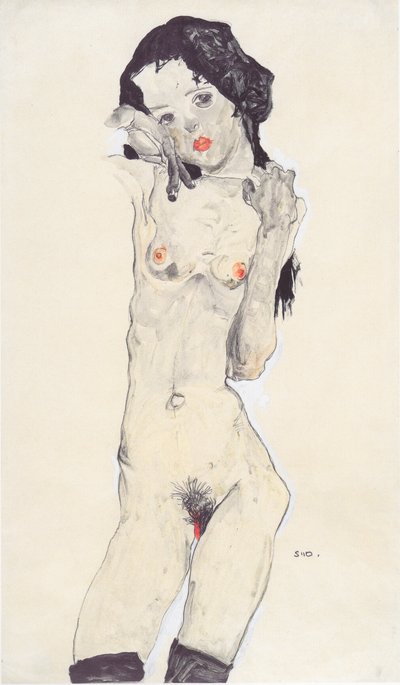 Nude Girl with Black Hair by Egon Schiele